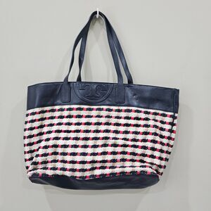 Tory Burch Raffia Woven Straw Leather Tote Bag Multicolor Picnic Beach Casual